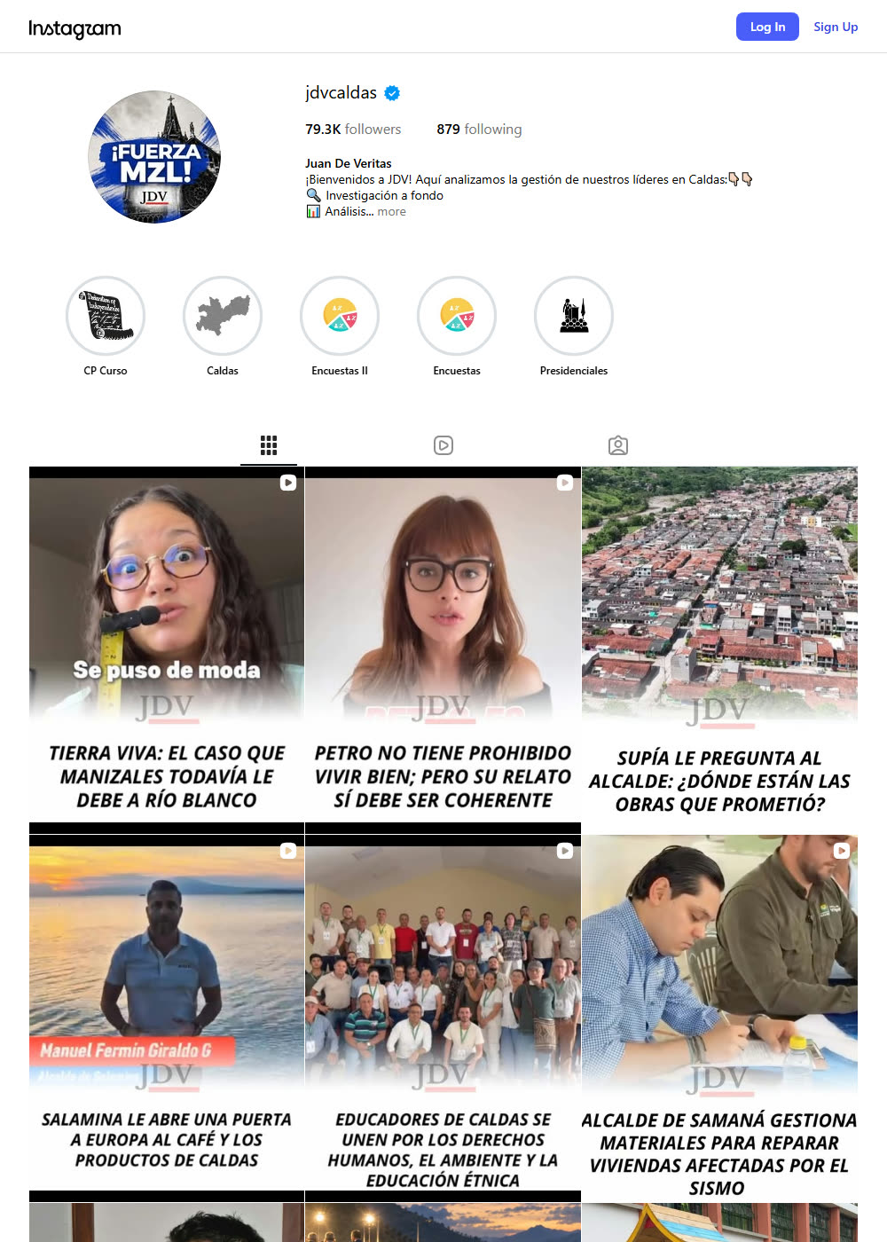 Perfil verificado de Instagram de Juan De Veritas (@jdvcaldas), con 79.3 mil seguidores y publicaciones de análisis político en Caldas