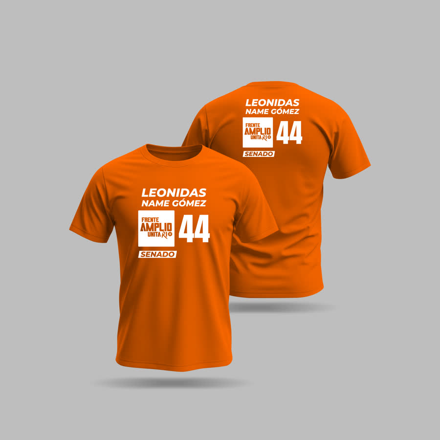 Mockup de camiseta naranja de campaña, frente y espalda, con nombre, logo del partido y número