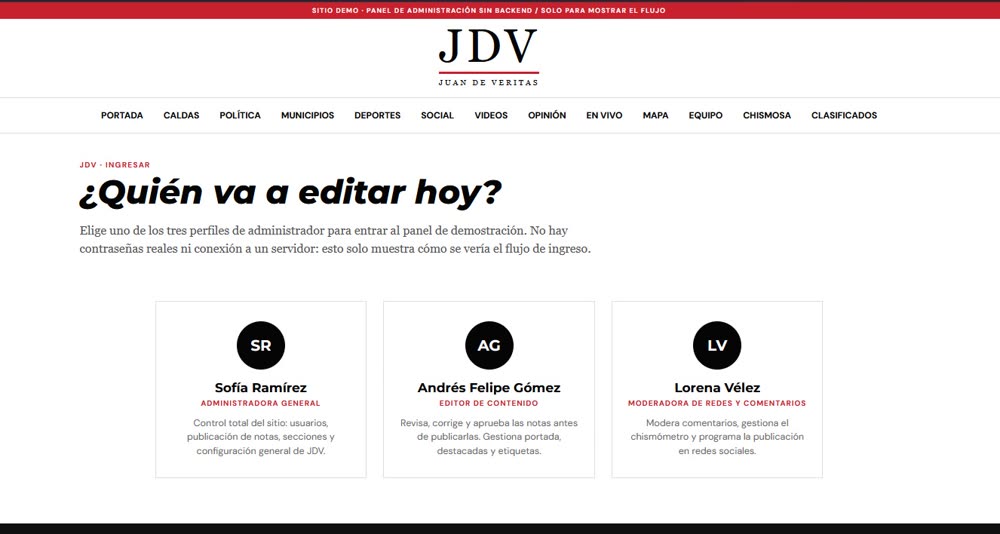 Prototipo del panel editorial de JDV con tres roles: administradora general, editor de contenido y moderadora de redes