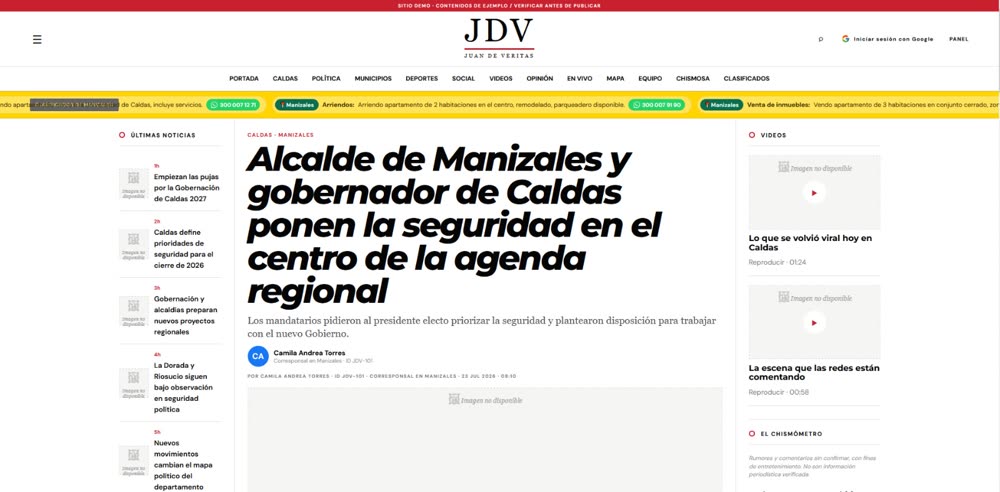 Prototipo de portada del portal de noticias JDV, con nota principal, corresponsal en Manizales y barra de clasificados